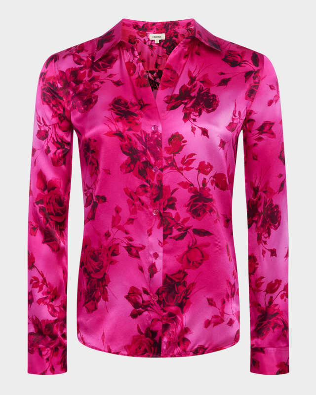 Tyler Watercolor Rose Button-Front Silk Blous